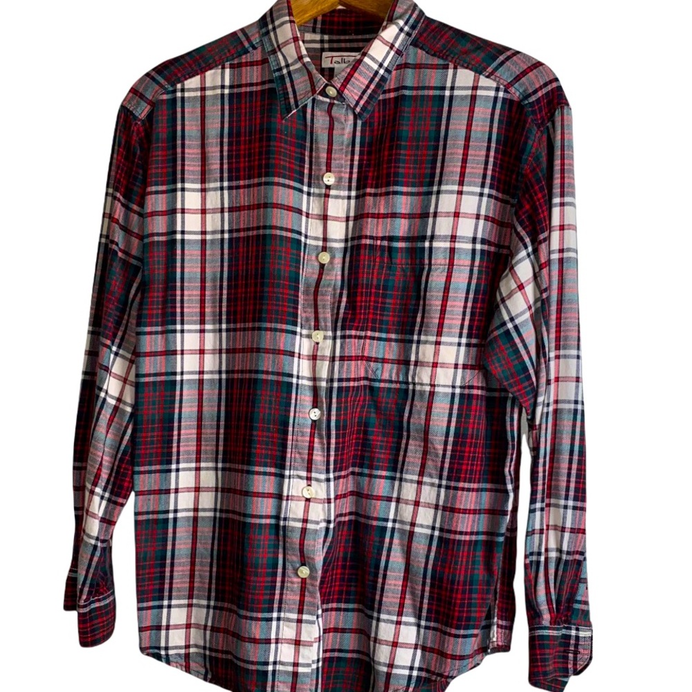Holiday Plaid Button Down Talbots Collar Shirt Casual Christmas Red Green Cream